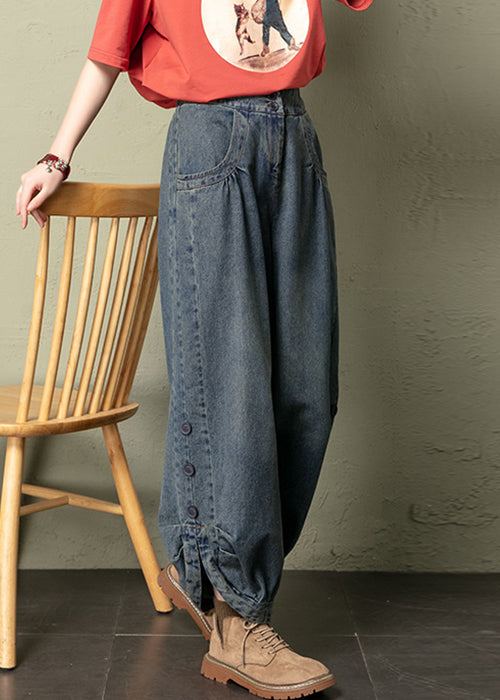 Vintage Blue Button Pockets Elastic Waist jeans Spring