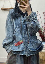 Vintage Blue Button Pockets Patchwork Denim Coat Fall