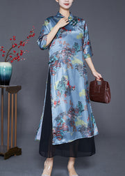 Vintage Blue Chinese Button Patchwork Silk Fake Two Piece Dresses Summer