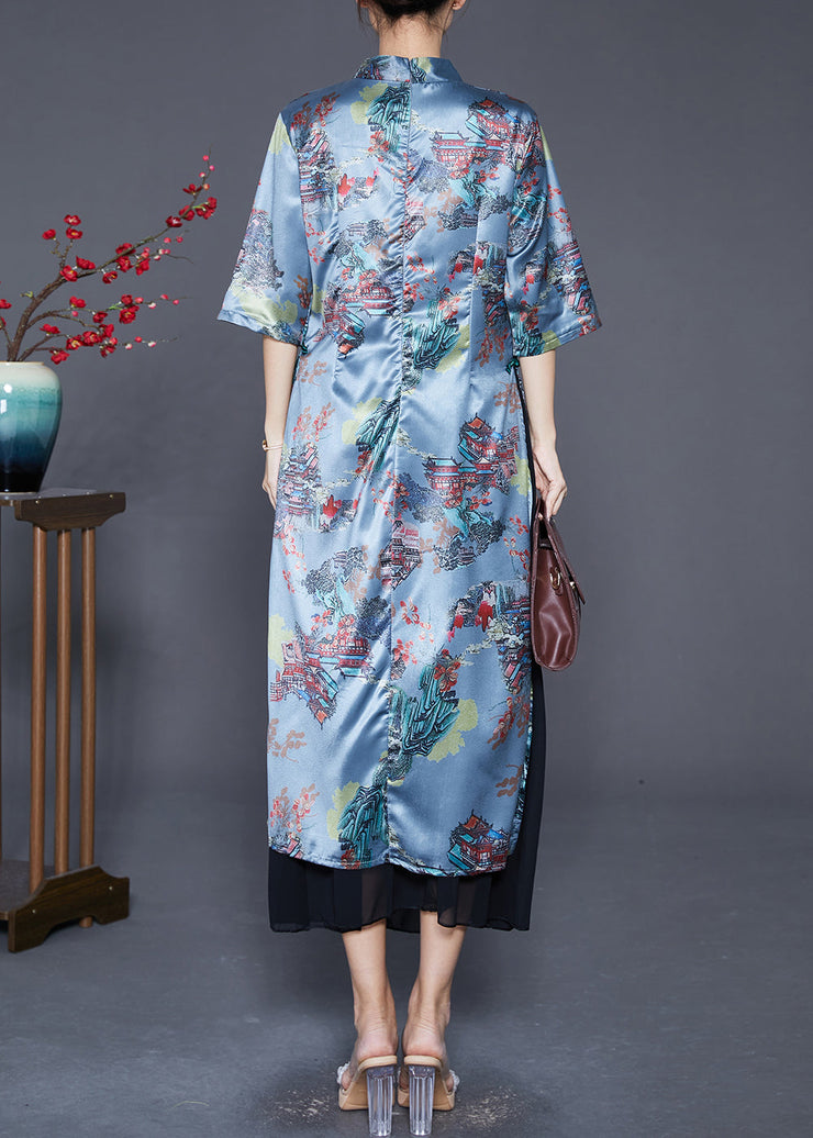 Vintage Blue Chinese Button Patchwork Silk Fake Two Piece Dresses Summer