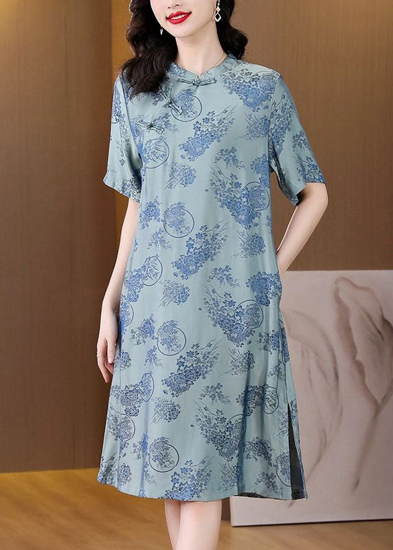 Vintage Blue Chinese Button Print Patchwork Silk Two Pieces Set Summer