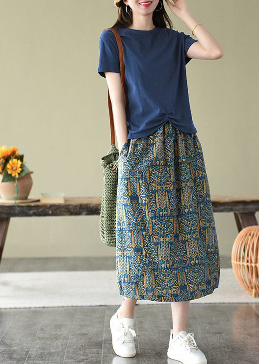 Vintage Blue Elastic Waist Pockets Print Linen Skirts Summer