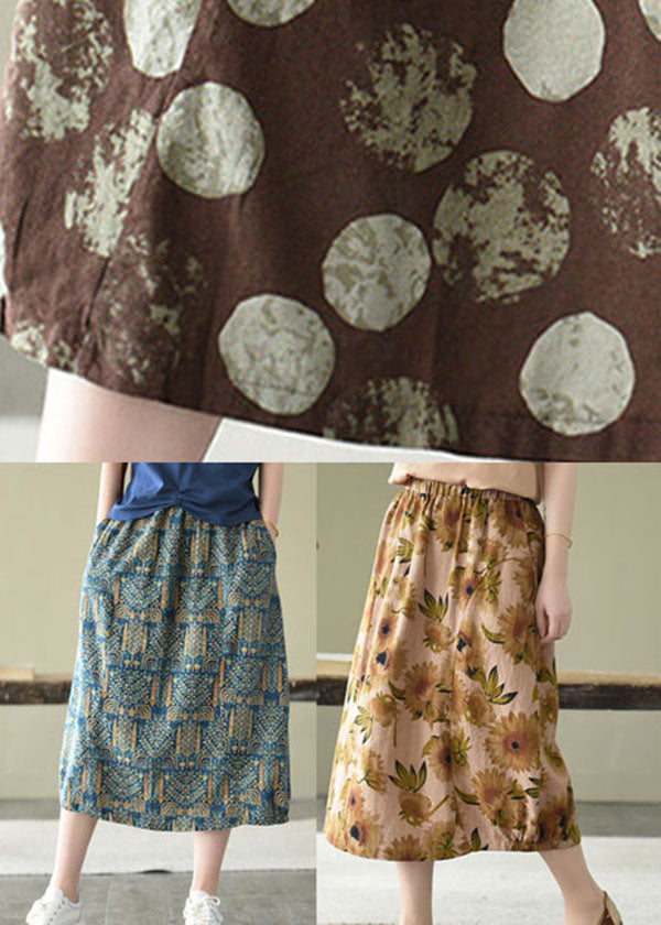 Vintage Blue Elastic Waist Pockets Print Linen Skirts Summer