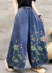 Vintage Blue Embroidered Elastic Waist Denim Wide Leg Pants Spring