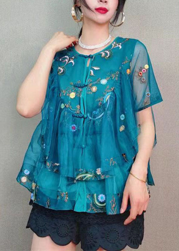 Vintage Blue Embroideried Button Patchwork Tulle Blouse Top Summer