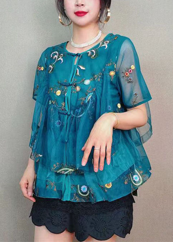 Vintage Blue Embroideried Button Patchwork Tulle Blouse Top Summer