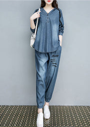 Vintage Blue Embroideried Cotton Hooded Coats And Pants Two Pieces Set Fall