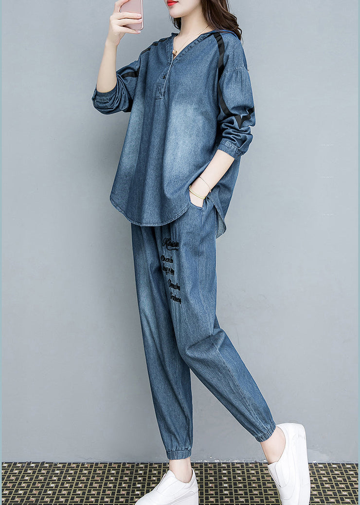 Vintage Blue Embroideried Cotton Hooded Coats And Pants Two Pieces Set Fall