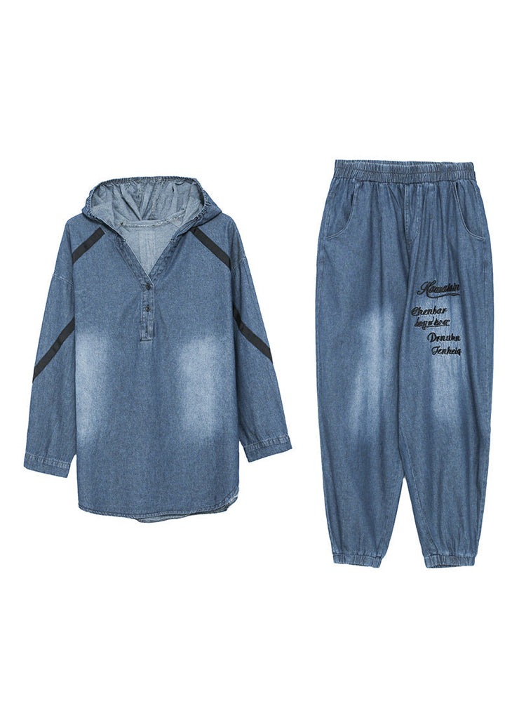 Vintage Blue Embroideried Cotton Hooded Coats And Pants Two Pieces Set Fall