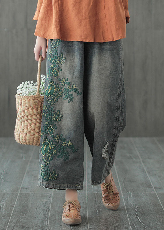 Vintage Blue Embroideried Cotton Ripped Jeans Pants Fall