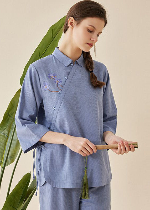 Vintage Blue Embroideried Tie Waist Cotton Pajamas Two Pieces Set Half Sleeve