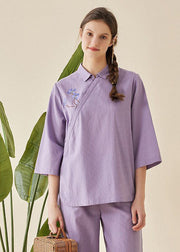 Vintage Blue Embroideried Tie Waist Cotton Pajamas Two Pieces Set Half Sleeve