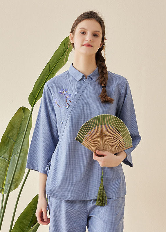 Vintage Blue Embroideried Tie Waist Cotton Pajamas Two Pieces Set Half Sleeve