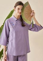 Vintage Blue Embroideried Tie Waist Cotton Pajamas Two Pieces Set Half Sleeve