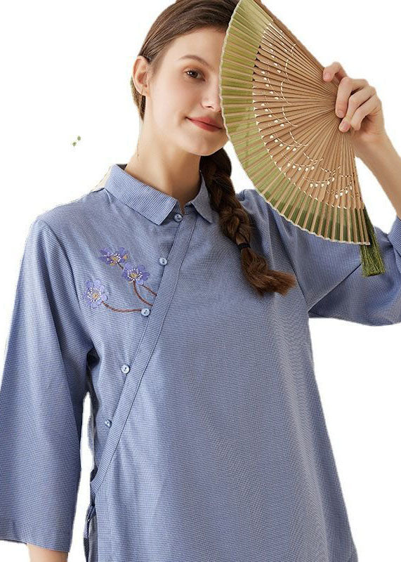 Vintage Blue Embroideried Tie Waist Cotton Pajamas Two Pieces Set Half Sleeve