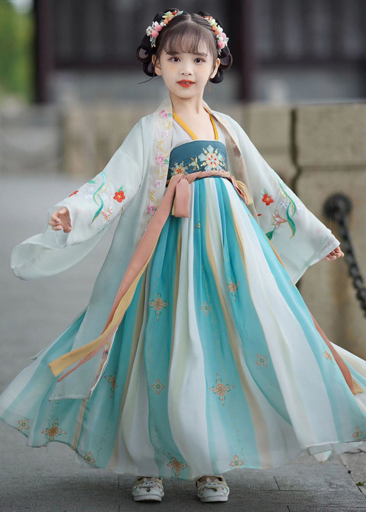 Vintage Blue Embroideried Wrinkled Patchwork Chiffon Kids Girls Long Dresses Summer