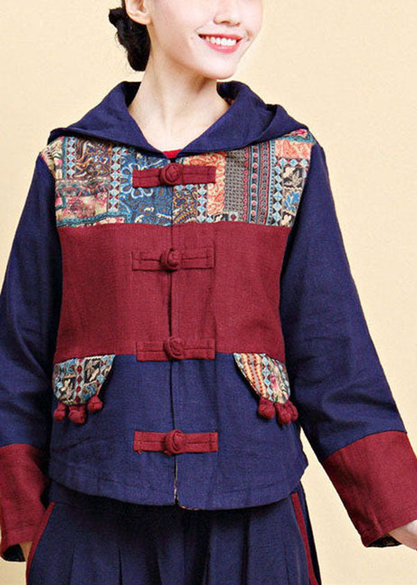 Vintage Blue Hooded Patchwork Oriental Button Linen Jacket Fall