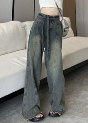 Vintage Blue Lace Up Pockets Denim Pants Spring