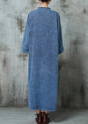 Vintage Blue Mandarin Collar Chinese Button Denim Dresses Spring