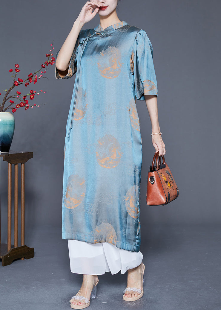 Vintage Blue Mandarin Collar Print Silk Long Dresses Summer