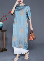 Vintage Blue Mandarin Collar Print Silk Long Dresses Summer