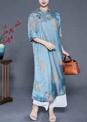 Vintage Blue Mandarin Collar Print Silk Long Dresses Summer