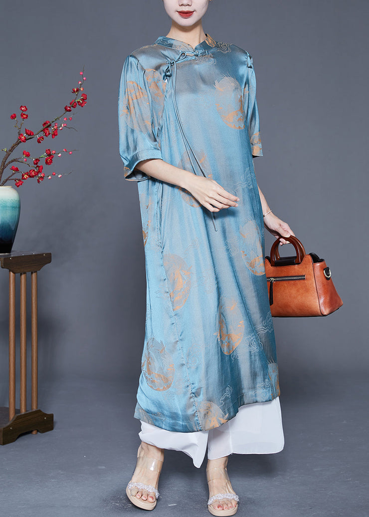 Vintage Blue Mandarin Collar Print Silk Long Dresses Summer