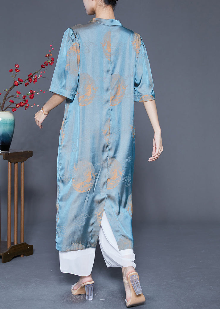 Vintage Blue Mandarin Collar Print Silk Long Dresses Summer