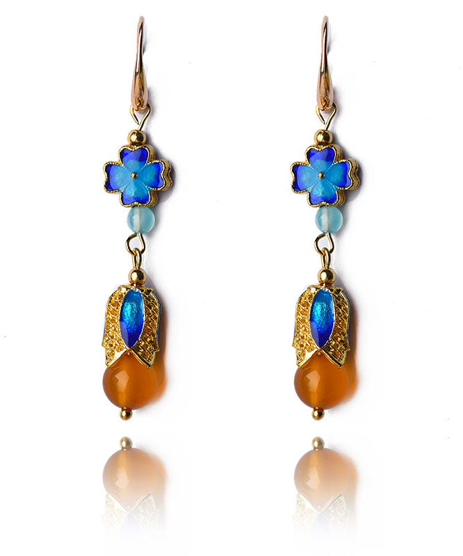 Vintage Blue Metal Agate 14K Gold Original Design Drop Earrings