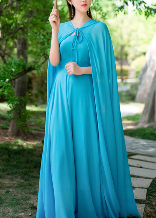 Vintage Blue Neck Tie Chiffon Cloak And Slip Dress Two Piece Set Spring