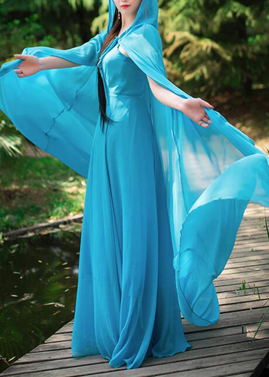 Vintage Blue Neck Tie Chiffon Cloak And Slip Dress Two Piece Set Spring