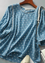 Vintage Blue O-Neck Dot Print Silk Blouse Tops Summer