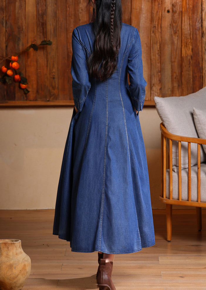 Vintage Blue O-Neck Embroidered Button Long Denim Dresses Spring