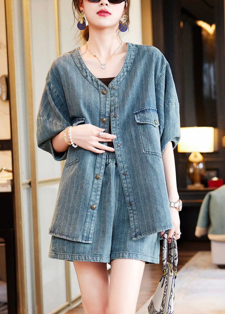 Vintage Blue O-Neck Patchwork Denim Shirt And Shorts Two Pieces Set Summer