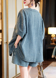 Vintage Blue O-Neck Patchwork Denim Shirt And Shorts Two Pieces Set Summer