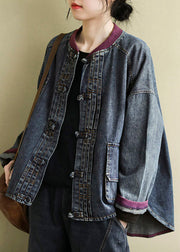 Vintage Blue O-Neck Patchwork Low High Design Cotton Denim Coats Spring