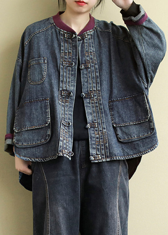 Vintage Blue O-Neck Patchwork Low High Design Cotton Denim Coats Spring