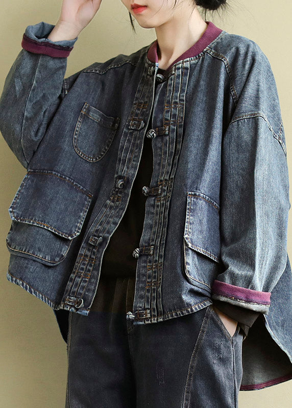 Vintage Blue O-Neck Patchwork Low High Design Cotton Denim Coats Spring