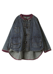 Vintage Blue O-Neck Patchwork Low High Design Cotton Denim Coats Spring