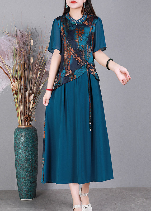 Vintage Blue O-Neck Print Silk Long Dresses Short Sleeve