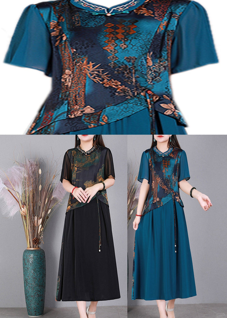 Vintage Blue O-Neck Print Silk Long Dresses Short Sleeve