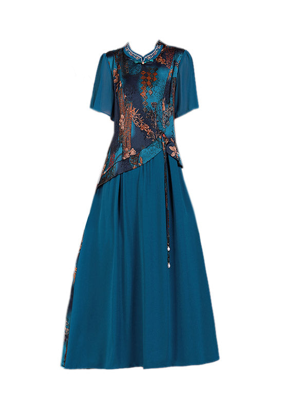 Vintage Blue O-Neck Print Silk Long Dresses Short Sleeve