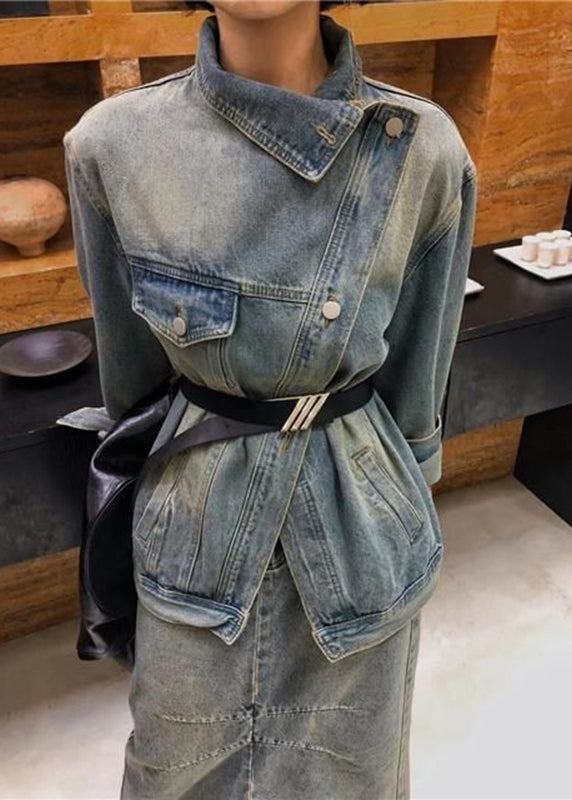 Vintage Blue Patchwork Button Sashes Denim Coats Fall