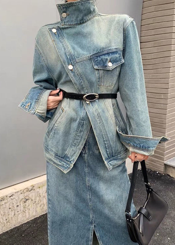 Vintage Blue Patchwork Button Sashes Denim Coats Fall