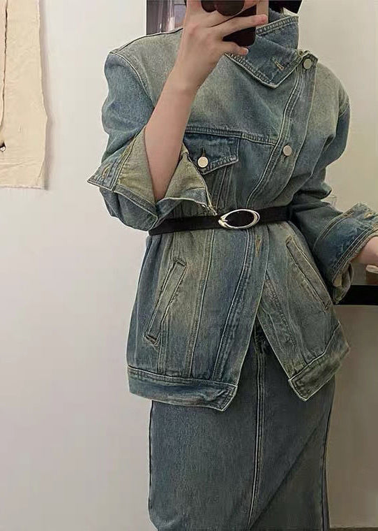 Vintage Blue Patchwork Button Sashes Denim Coats Fall