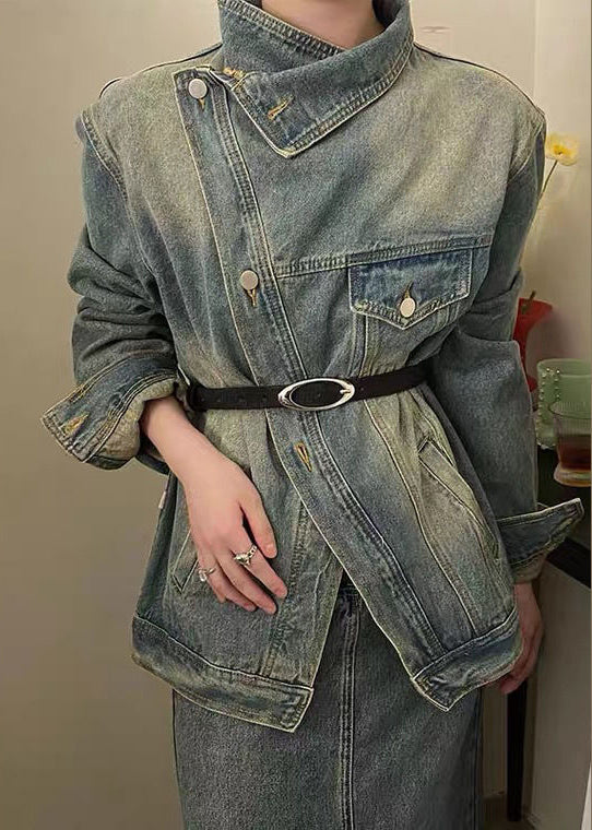 Vintage Blue Patchwork Button Sashes Denim Coats Fall