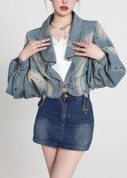 Vintage Blue Patchwork Denim Coats Lantern Sleeve