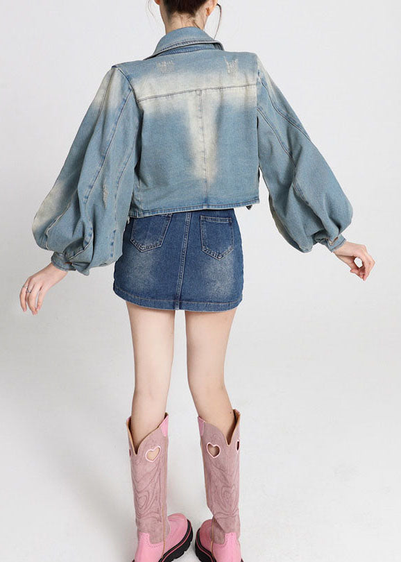 Vintage Blue Patchwork Denim Coats Lantern Sleeve