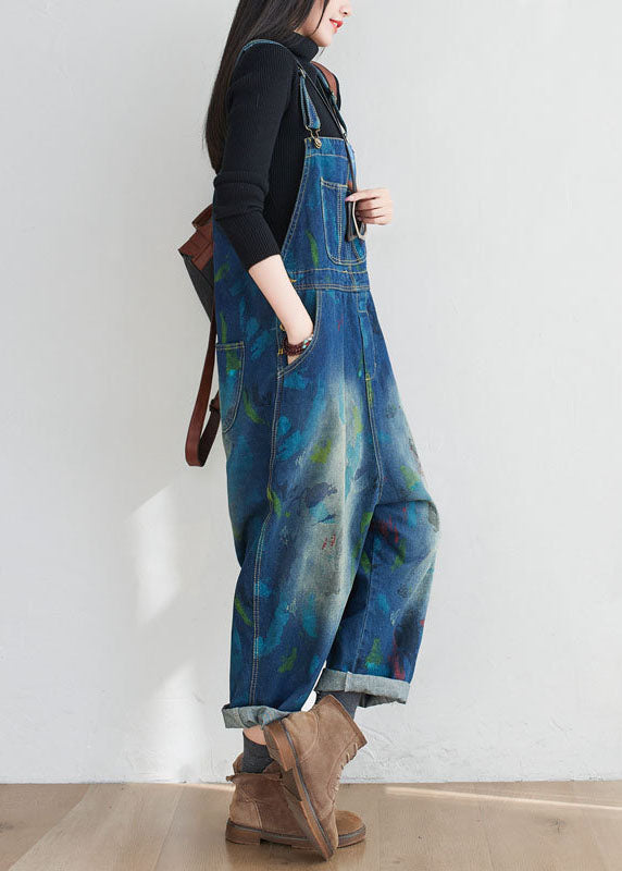 Vintage Blue Patchwork Print Denim Jumpsuit Spring