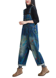 Vintage Blue Patchwork Print Denim Jumpsuit Spring